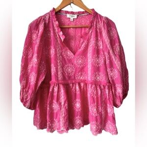 Umgee ht pnk eyelet babydll v nk 3/4 pff slv w frnge at wst  & ruffl nk tp SZ S